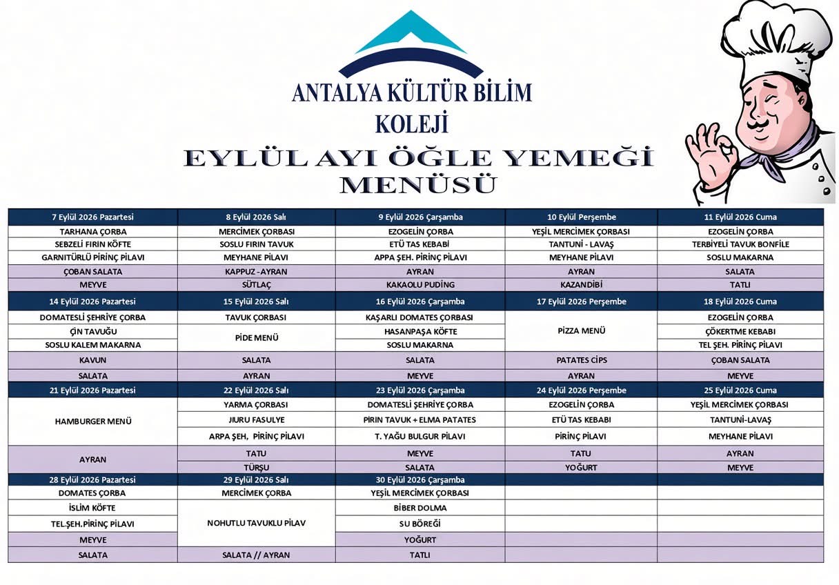Eylül Ayı Öğle Yemeği Menüsü